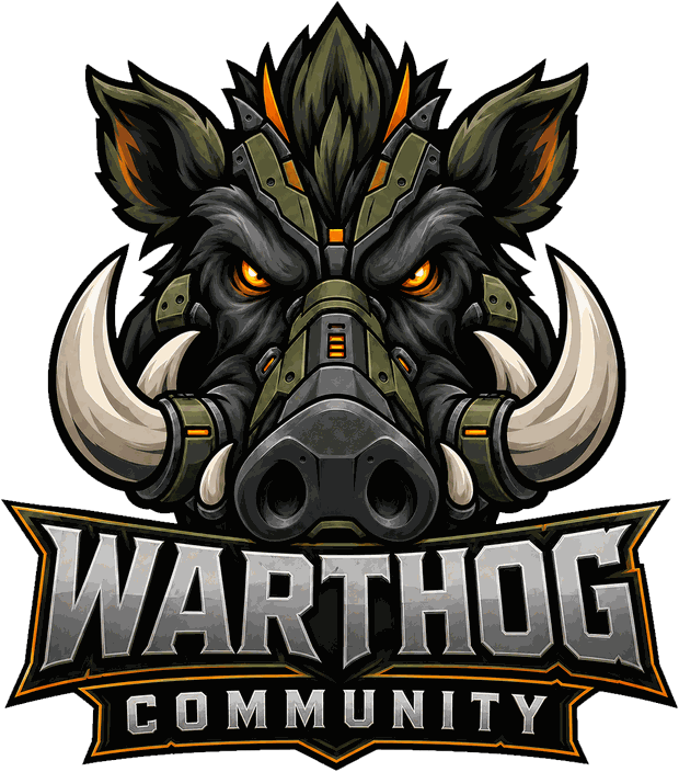 Wappen der Warthog Community: ein Warzenschwein mit Helm und Gasmaske über dem Schriftzug Warthog Community.